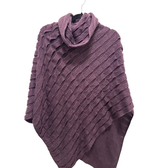 Knitted Plum Purple Textured Cowl Neck Poncho Sweater - Picture 1 of 5